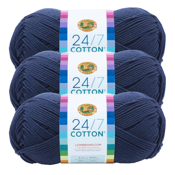 Lion Brand Yarn 24/7 Cotton Navy Medium Mercerized Cotton Yarn 3 Pack
