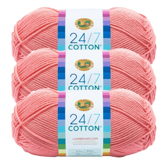 Lion Brand Yarn 24/7 Cotton Pink Medium Mercerized Cotton Yarn 3 Pack