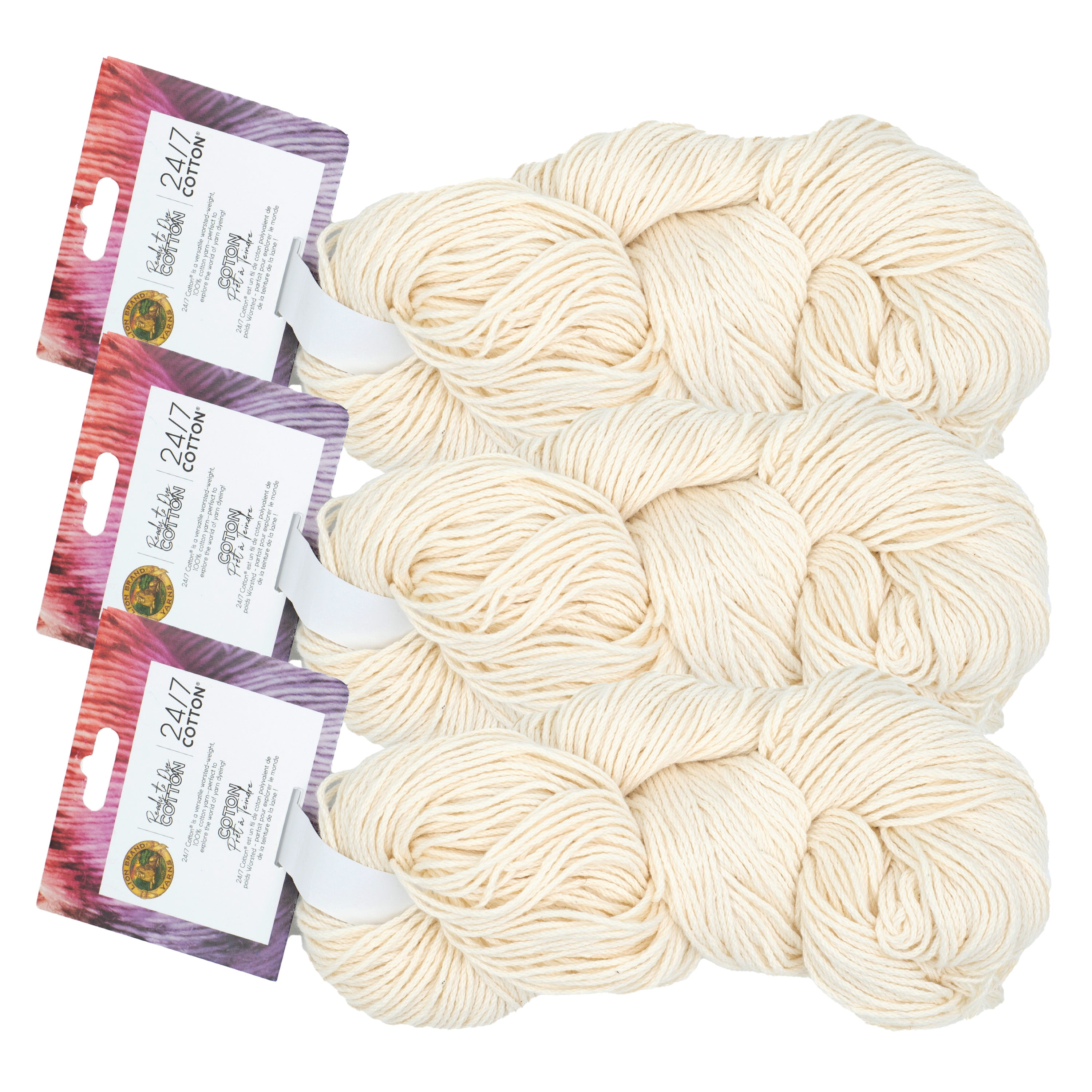 Lion Brand Yarn 24/7 Cotton Ready to Dye Hank Natural 108-098AZ Medium Cotton Yarn 3 Pack