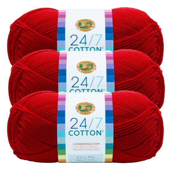 Lion Brand Yarn 24/7 Cotton Red Medium Mercerized Cotton Yarn 3 Pack