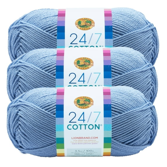 Lion Brand Yarn 24/7 Cotton Sky Medium Mercerized Cotton Yarn 3 Pack