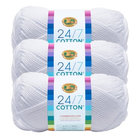 Lion Brand Yarn 24/7 Cotton White Medium Mercerized Cotton Yarn 3 Pack