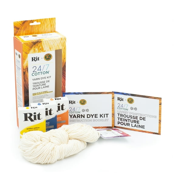 Lion Brand Yarn 24/7 Cotton Yarn Rit Kit Tangerine, Golden Yellow, Blue Medium Cotton Multi Yarn 1 Kit
