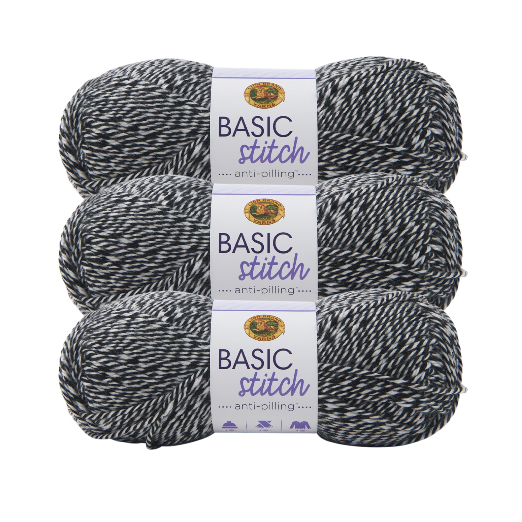 Lion Brand Yarn Basic Stitch Anti Pilling Black/White Medium Acrylic Yarn 3 Pack