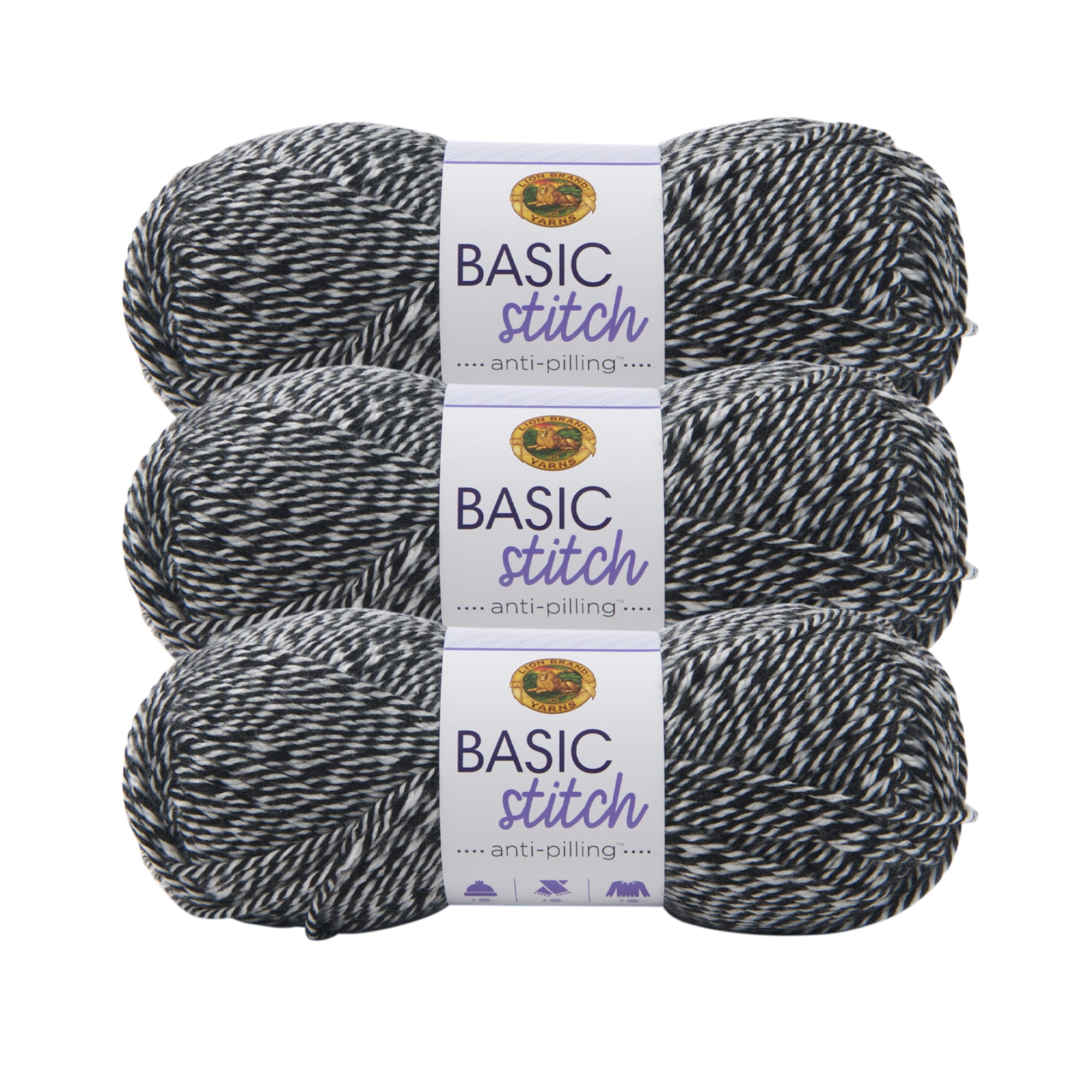 (3-pack) Lion Brand Yarn 202-600 Basic Stitch Anti Pilling Yarn, Black/White - Multi