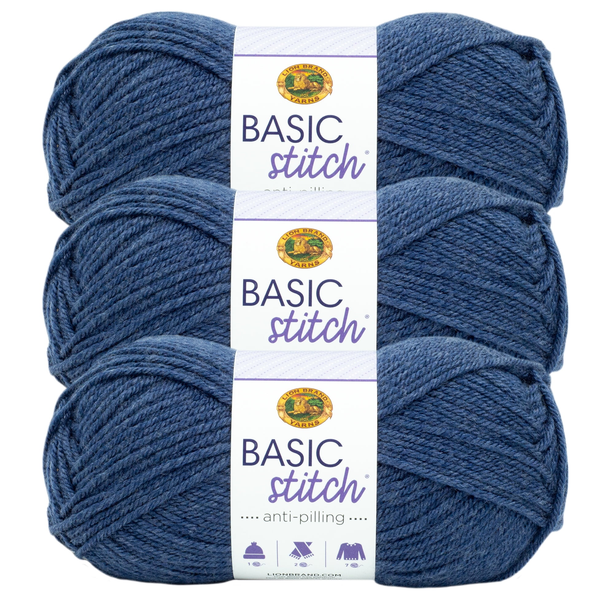 Lion Brand Yarn Basic Stitch Anti Pilling Deep Denim Heather Medium Acrylic Yarn 3 Pack