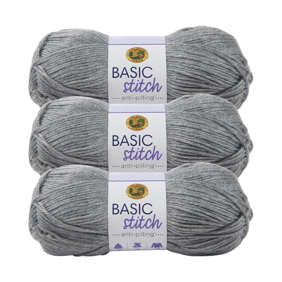 Lion Brand Yarn Basic Stitch Anti Pilling Silver Heather Medium Acrylic Yarn 3 Pack