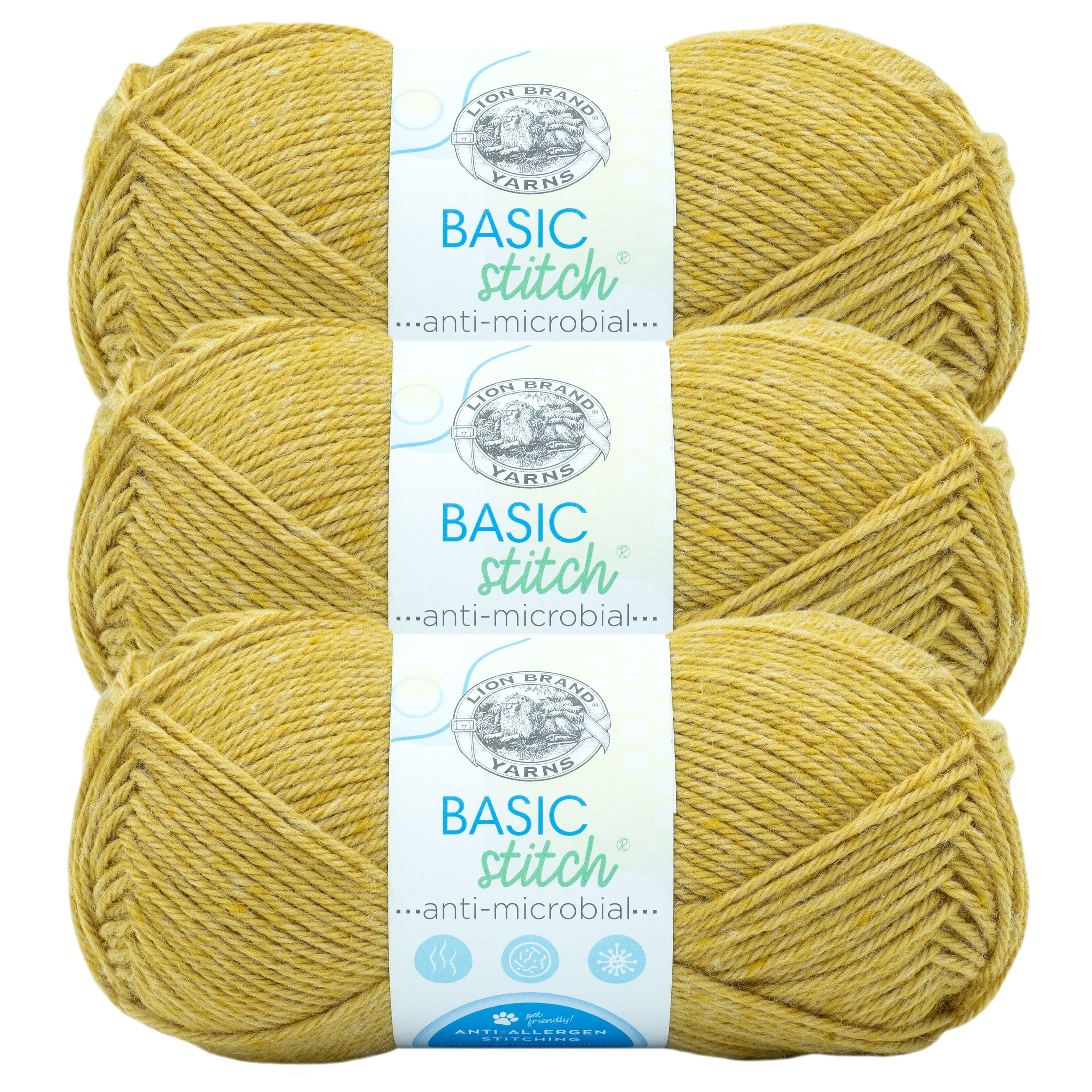 Lion Brand Yarn Basic Stitch Antimicrobial Maize Medium Recycled Polyester, Amicor Yellow Yarn 3 Pack