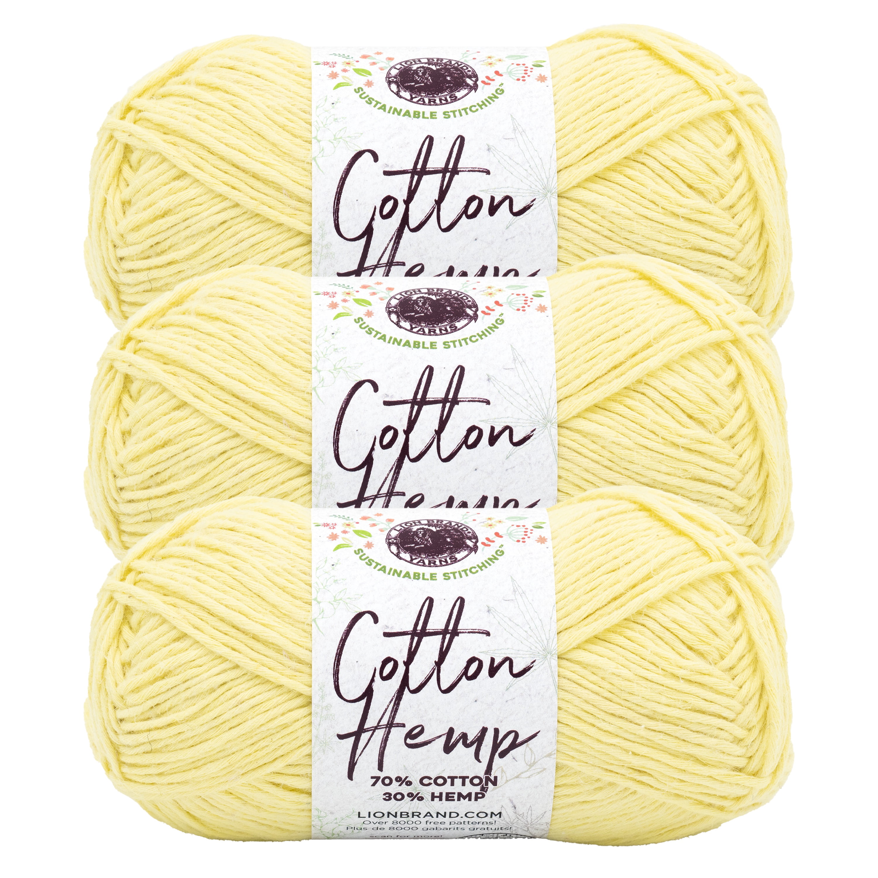 Lion Brand Yarn Cotton Hemp Canary Medium Cotton, Hemp Yarn 3 Pack