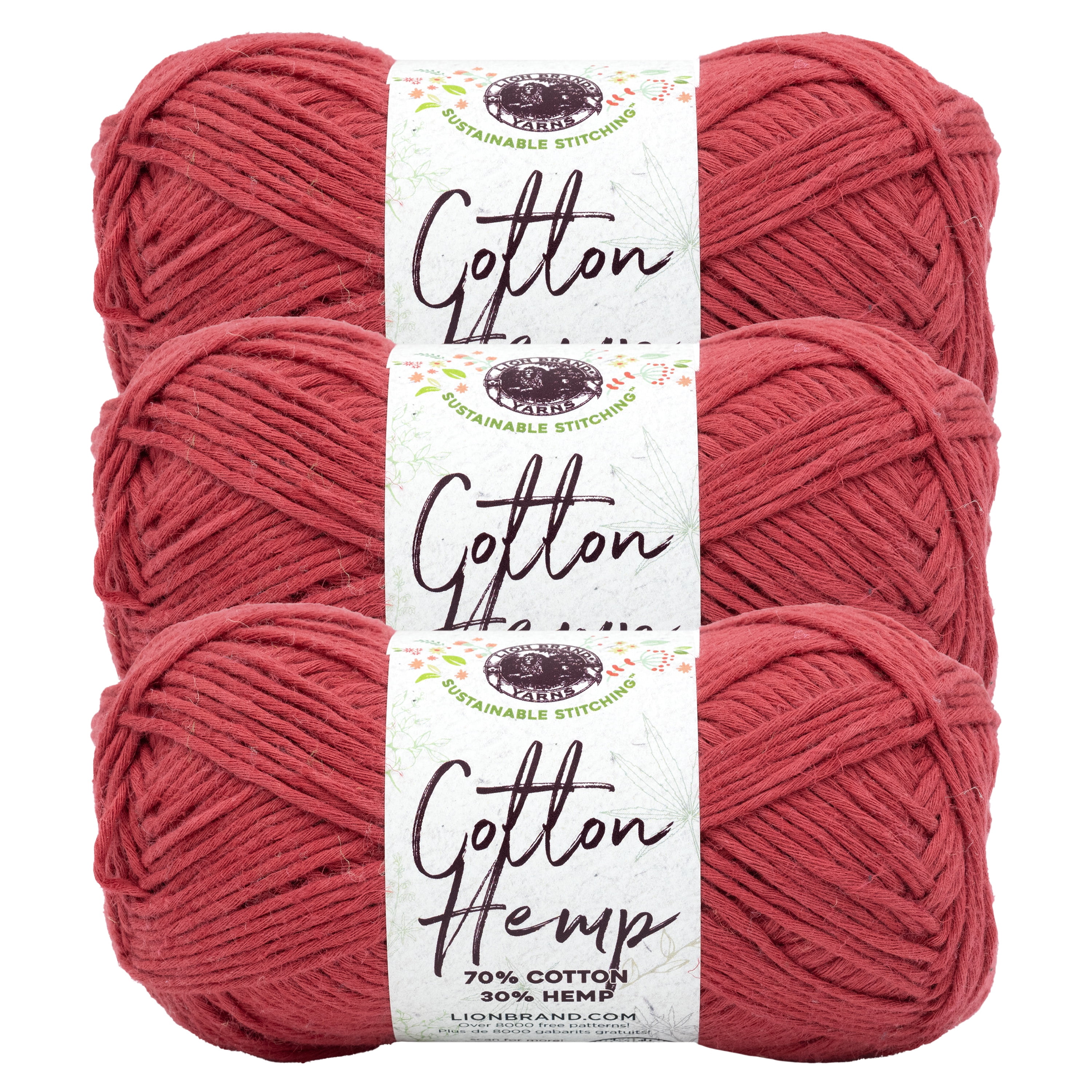 Lion Brand Yarn Cotton Hemp Cherry Medium Cotton, Hemp Yarn 3 Pack