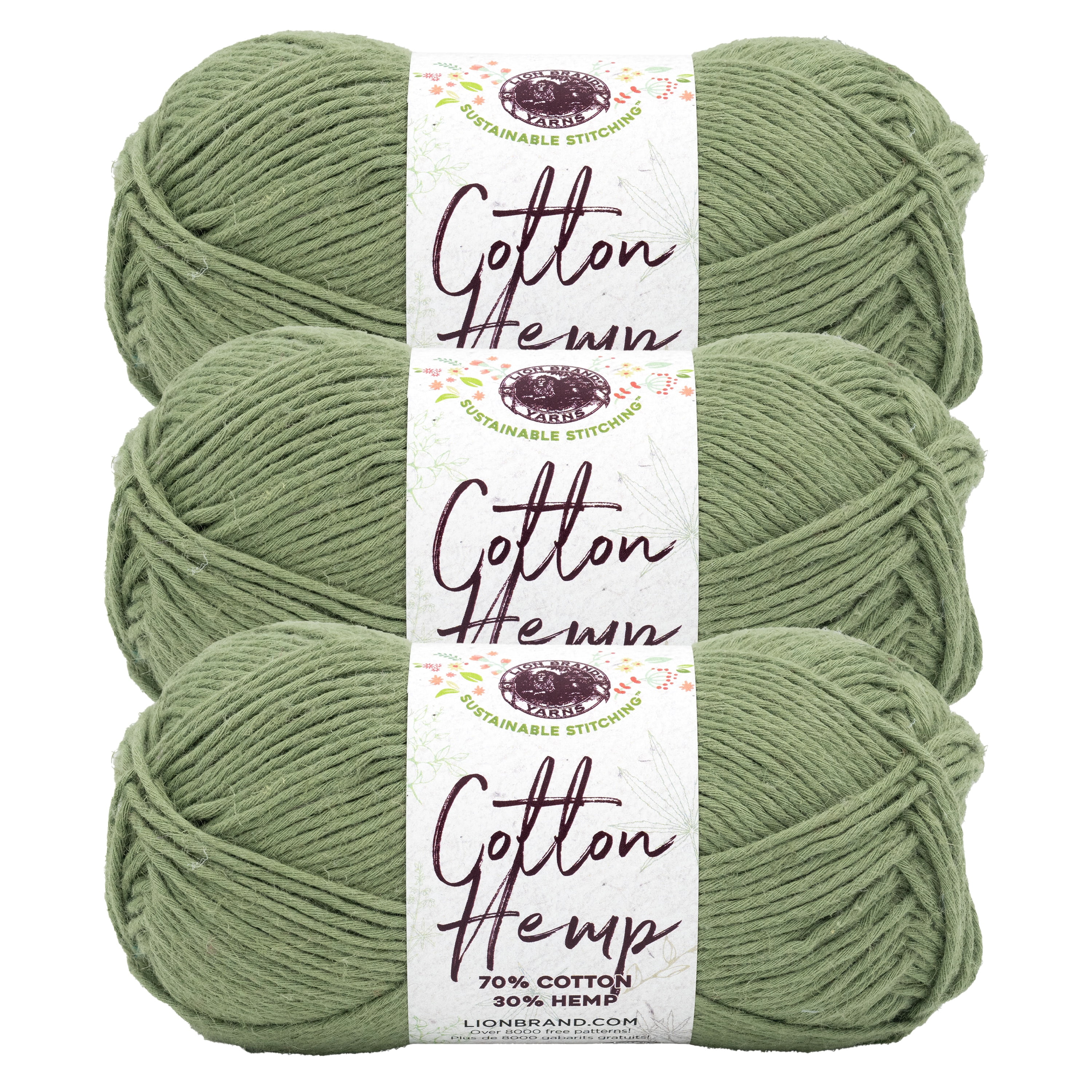 Lion Brand Yarn Cotton Hemp Olive Medium Cotton, Hemp Yarn 3 Pack