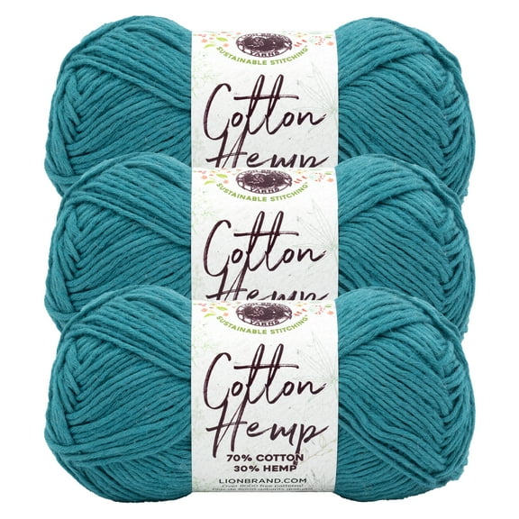 Lion Brand Yarn Cotton Hemp Teal Medium Cotton, Hemp Yarn 3 Pack
