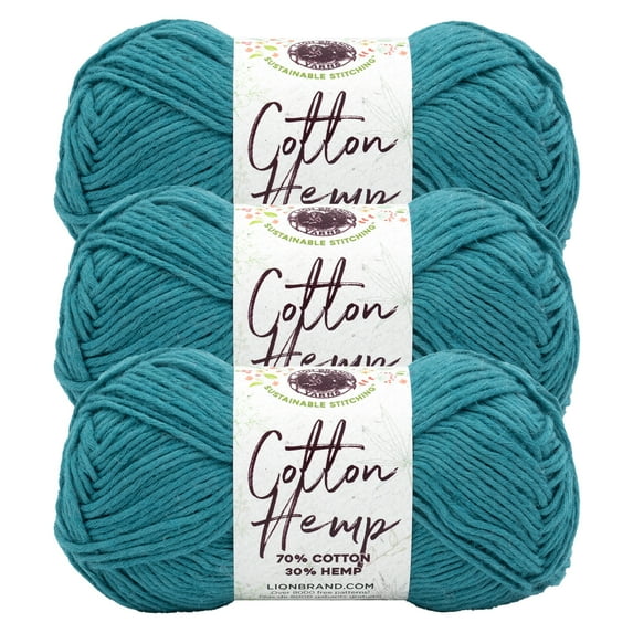 Lion Brand Yarn Cotton Hemp Teal Medium Cotton, Hemp Yarn 3 Pack