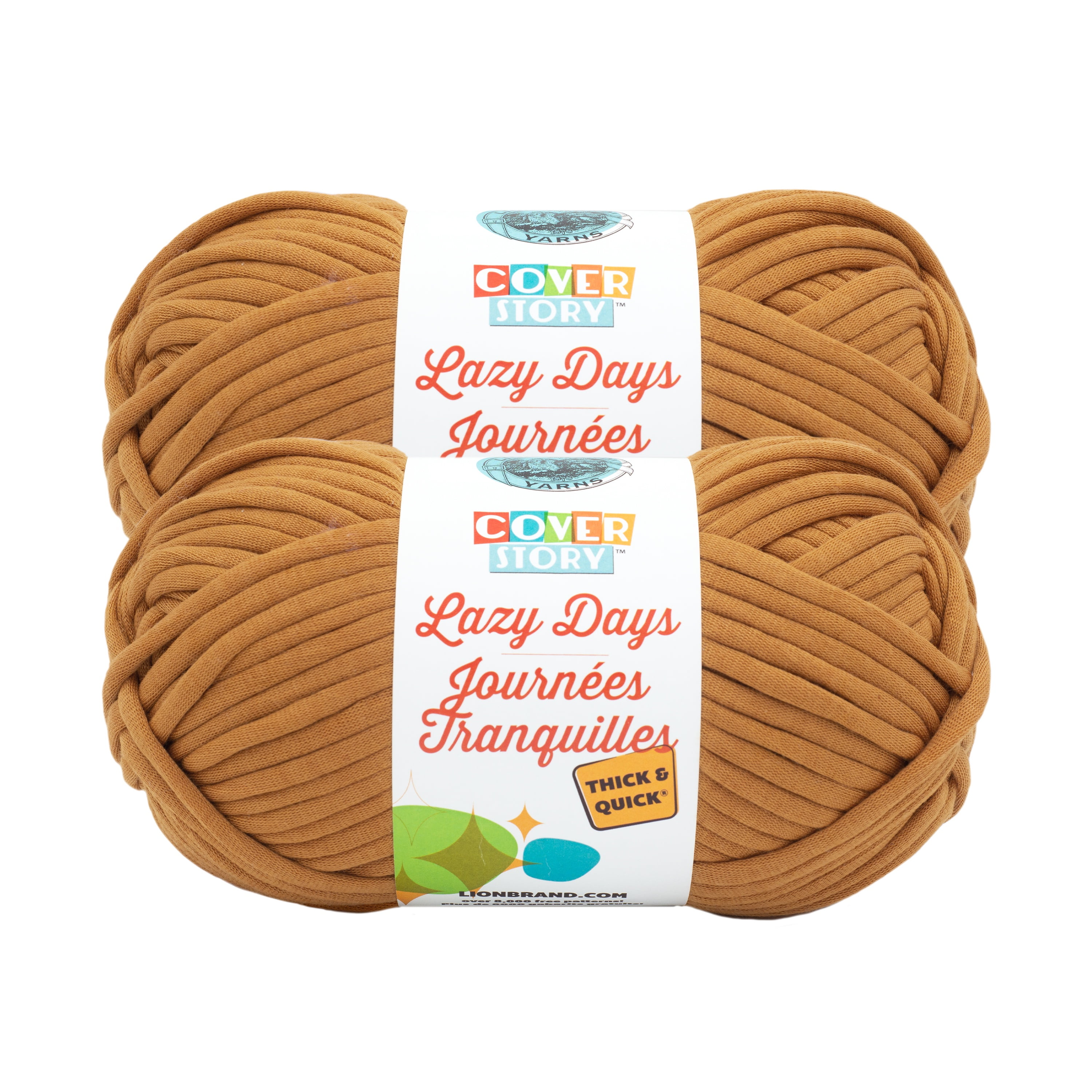 Lion Brand Yarn Cover Story Lazy Days Thick & Quick Amber Super Bulky Polyester Brown Yarn 2 Pack