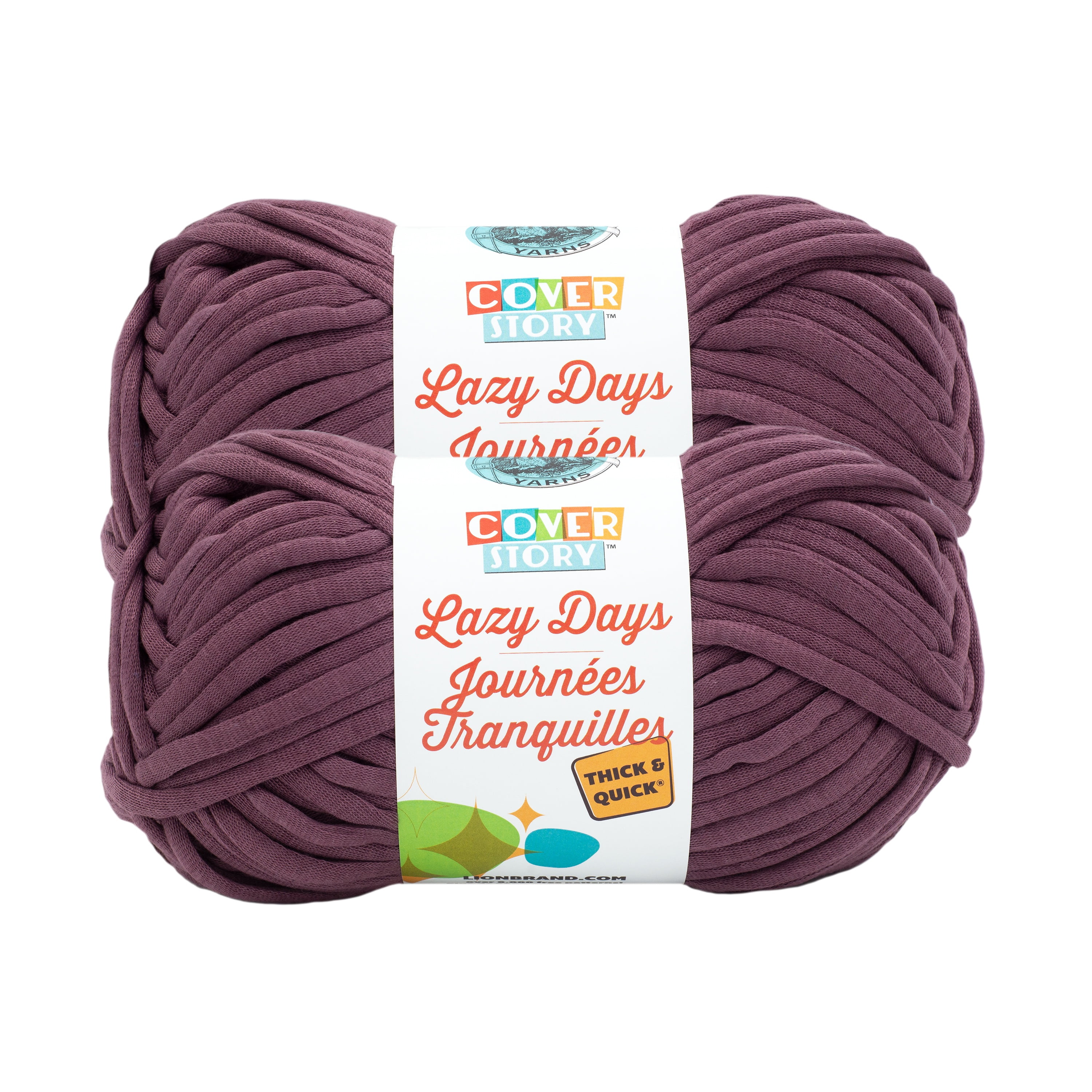 Lion Brand Yarn Cover Story Lazy Days Thick & Quick Eggplant Super Bulky Polyester Purple Yarn 2 Pack