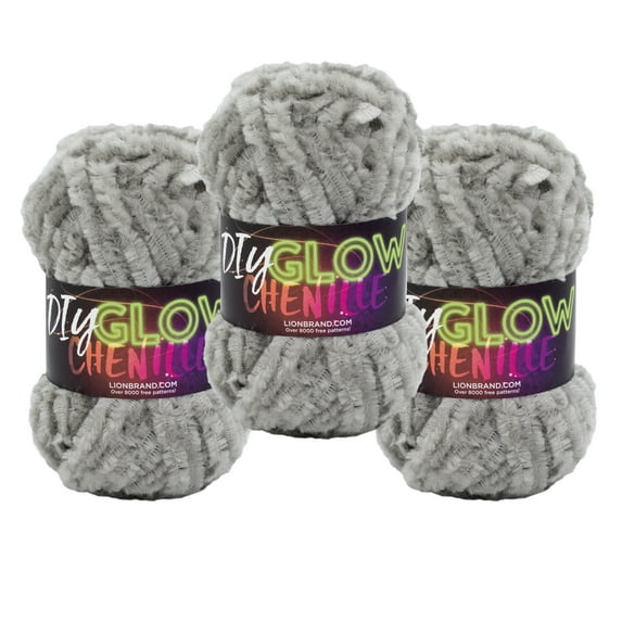 Lion Brand Yarn DIY Glow Chenille Grey Super Bulky Polyester Yarn 3 Pack