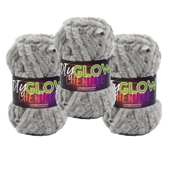 Lion Brand Yarn DIY Glow Chenille Grey Super Bulky Polyester Yarn 3 Pack