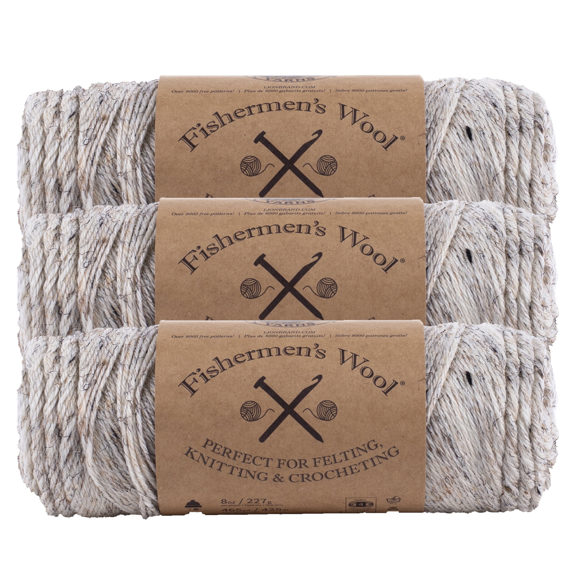 Lion Brand Yarn Fishermen's Wool Birch Tweed Medium Wool, Acrylic Yarn 3 Pack