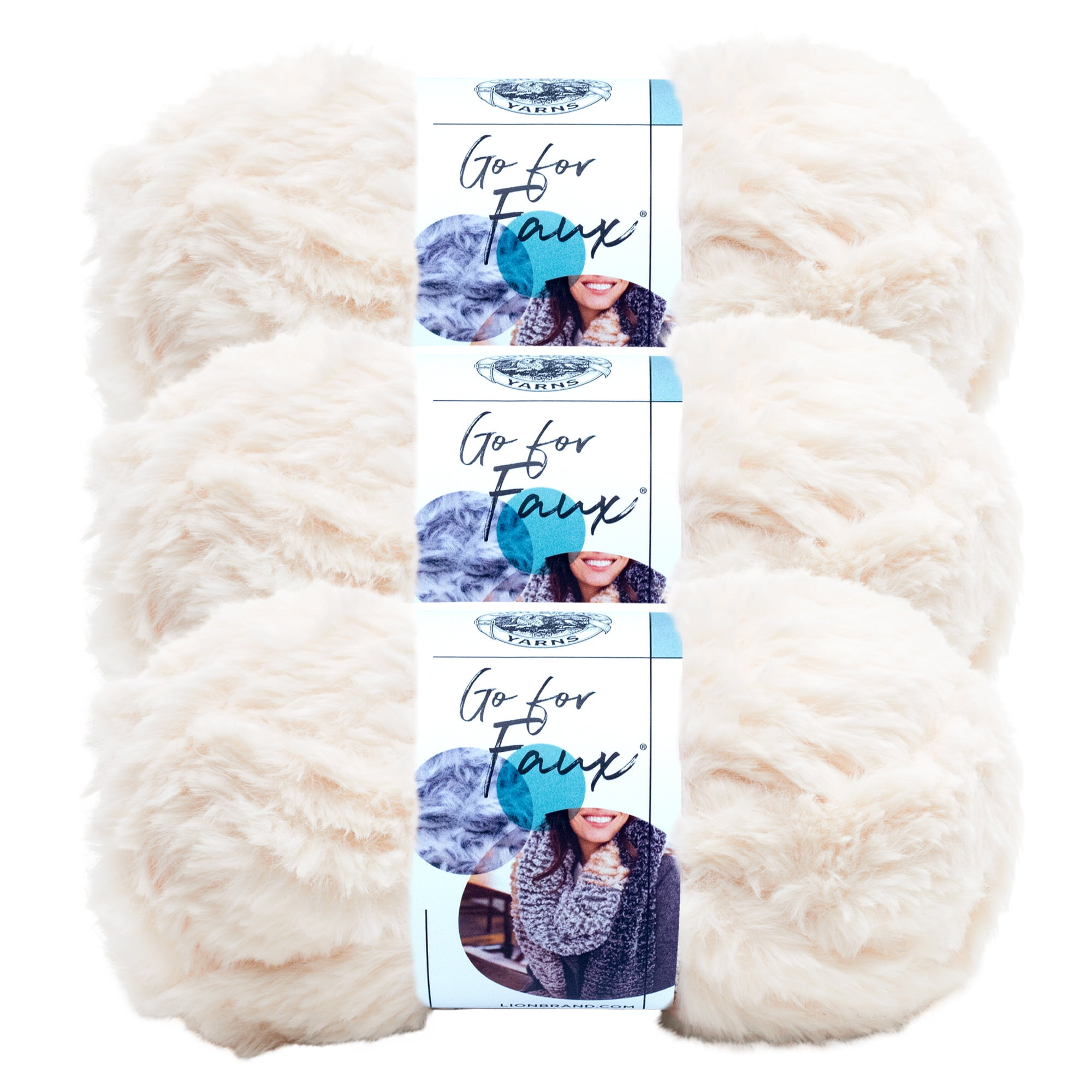 Lion Brand Go for Faux Chunky Super Bulky Polyester Fur Yarn, Baked Alaska, 3 Pack