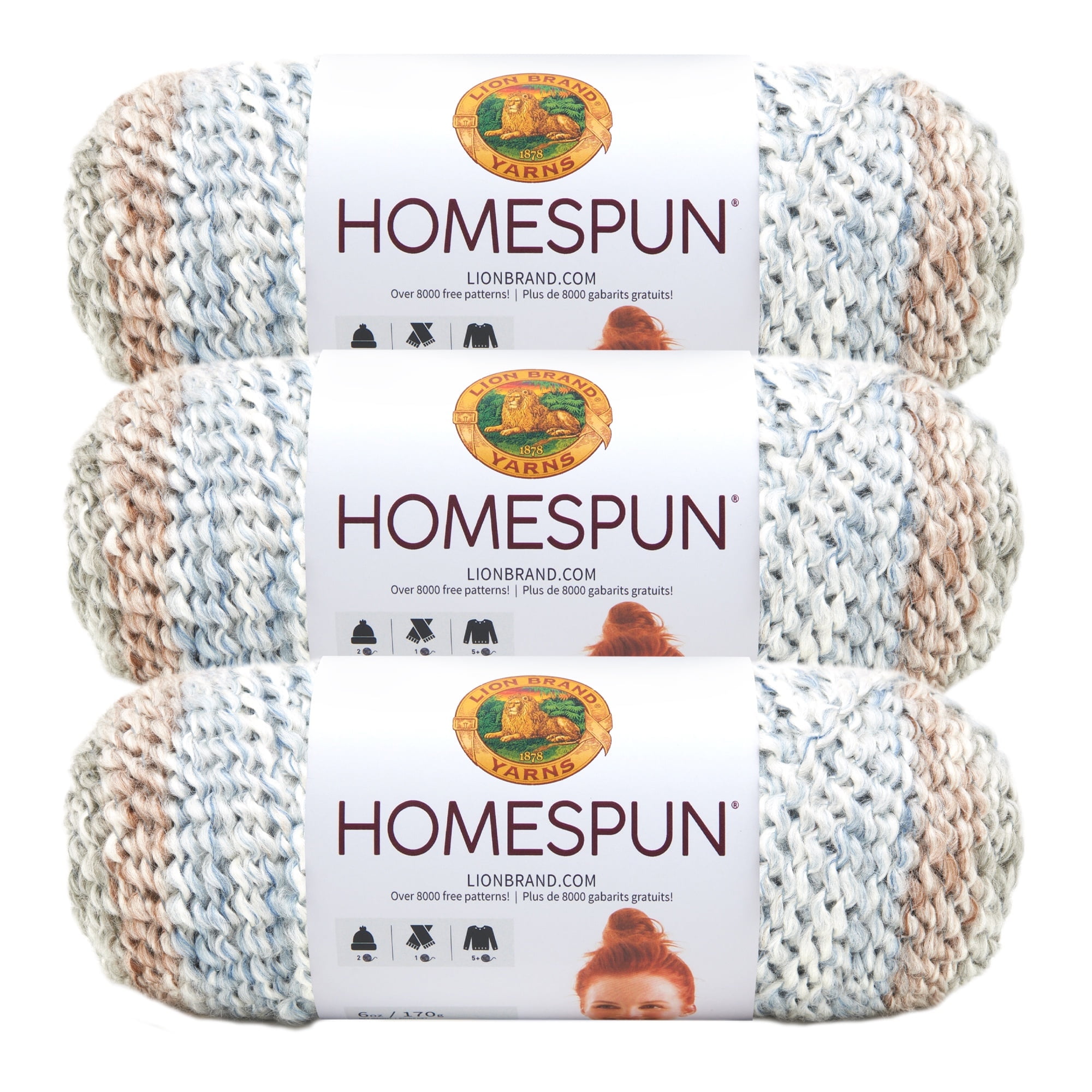 Lion Brand Yarn Homespun Beachside Stripes, Grey & Tan Mixed Yarn 790-225D Bulky Acrylic, Polyester Yarn 3 Pack