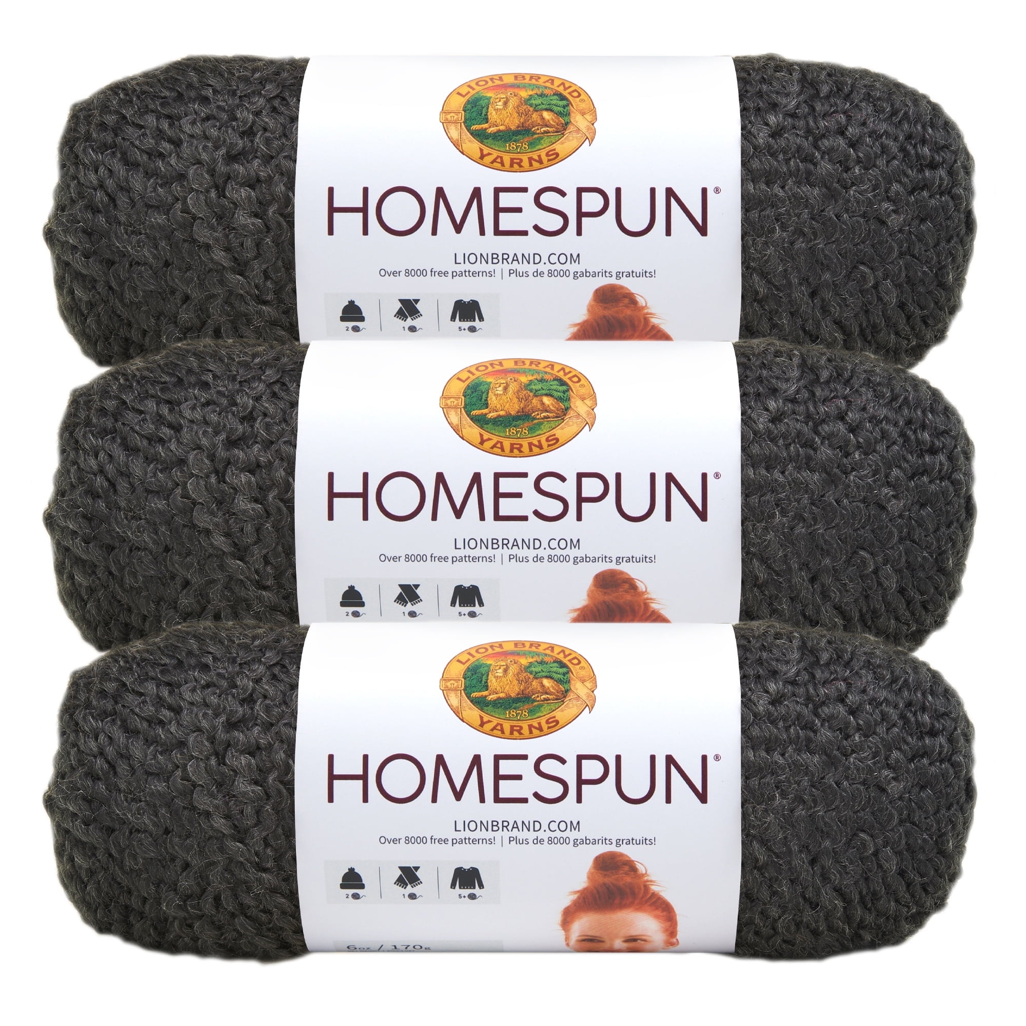 Lion Brand Homespun Bulky Acrylic Polyester Yarn, Black, 3 Pack