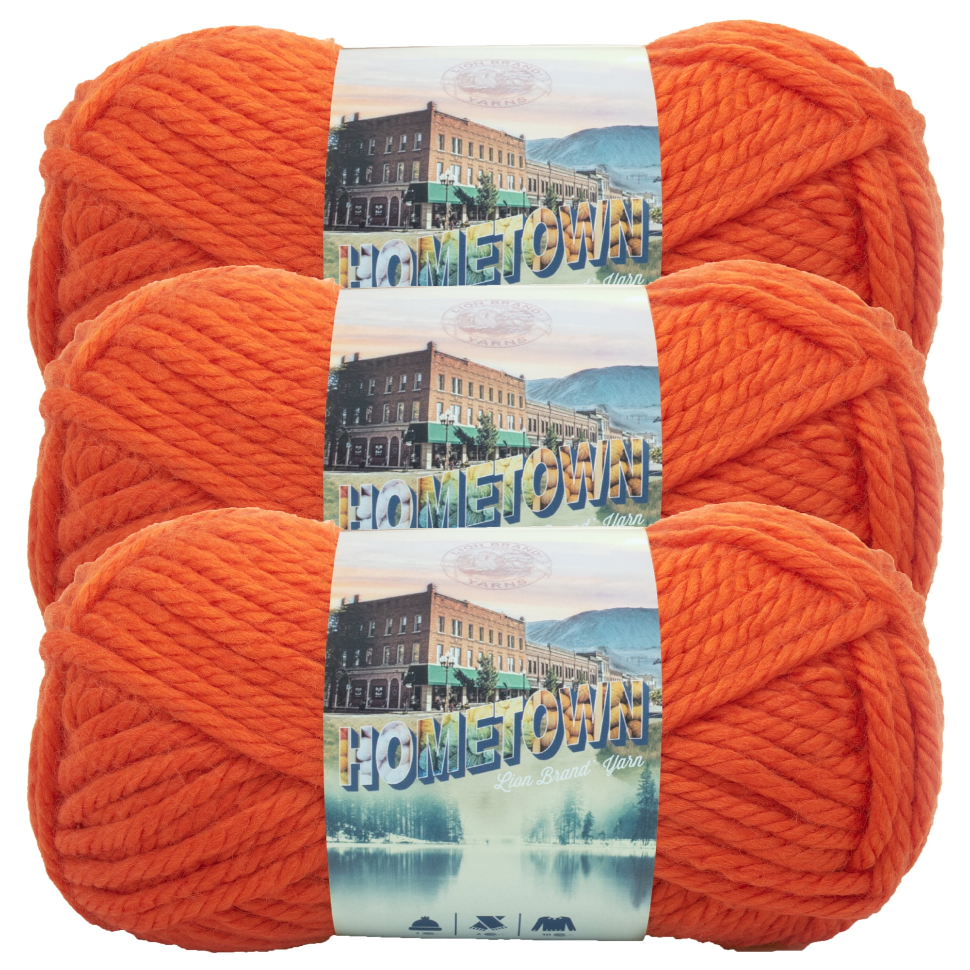 Lion Brand Hometown Yarn, Super Bulky – 3-Pack, Syracuse Orange, Acrylic/Rayon Blend For Knitting & Crocheting