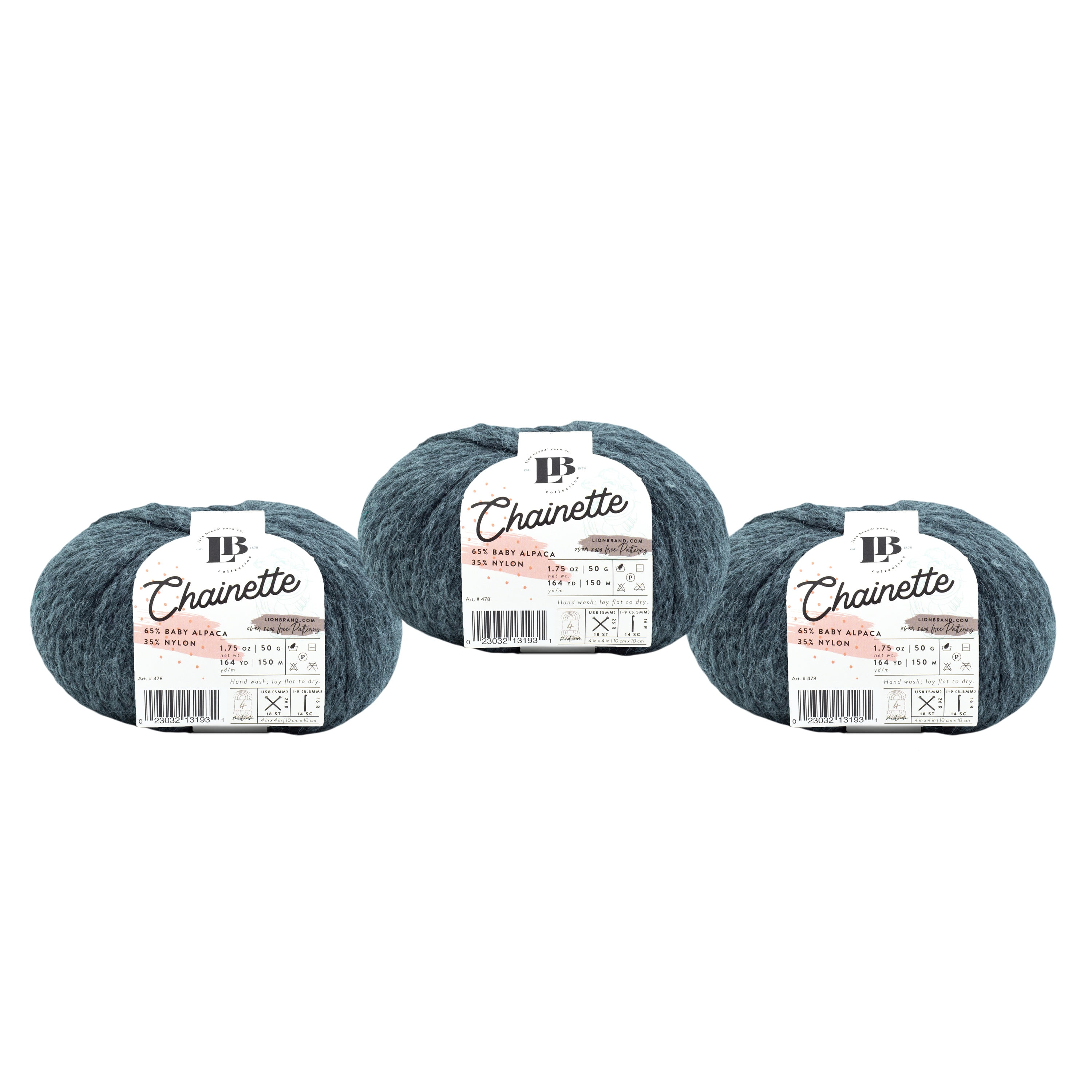 Lion Brand Yarn LBC Chainette Charcoal Medium Baby Alpaca, Nylon Yarn 3 Pack