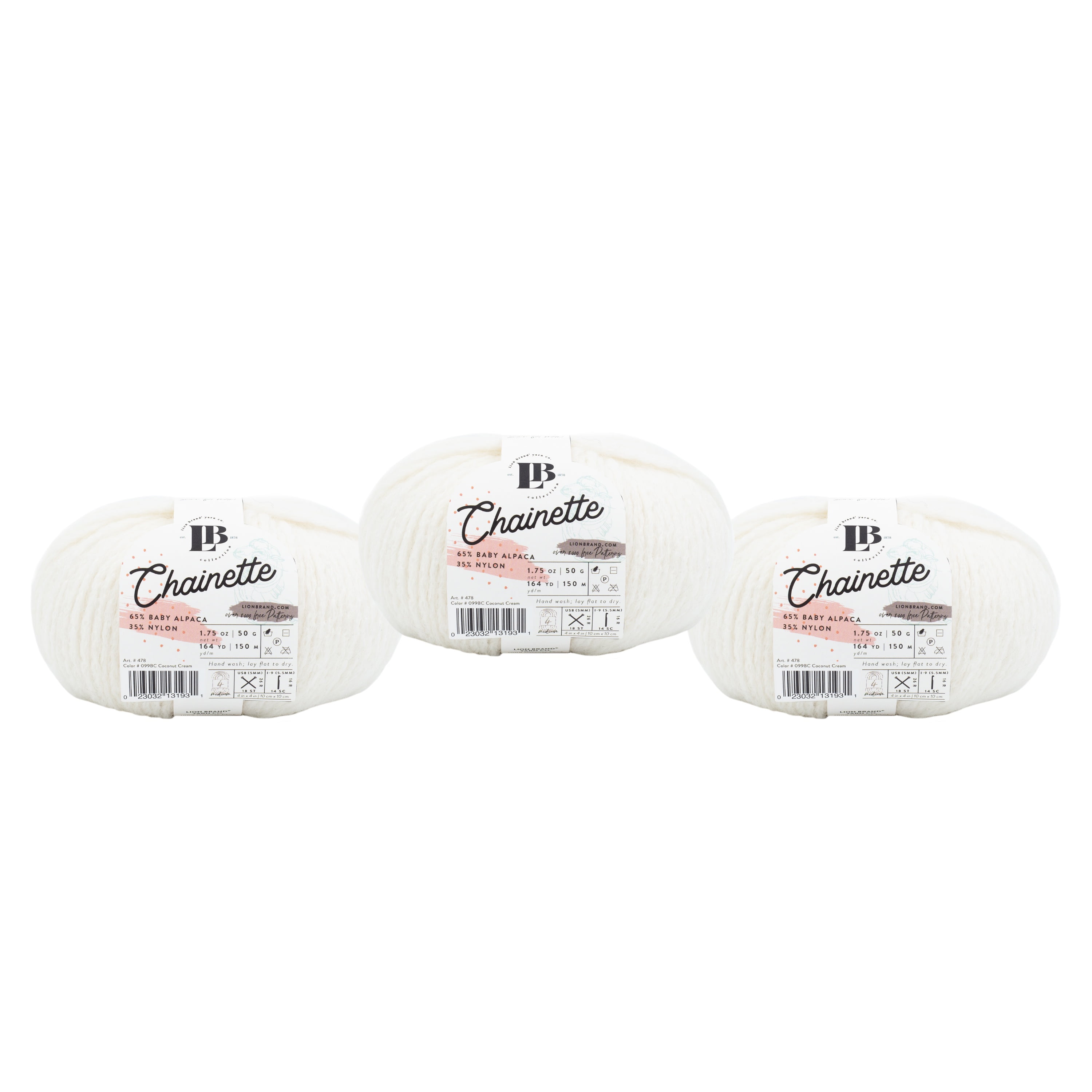 Lion Brand Yarn LBC Chainette Coconut Cream Medium Baby Alpaca, Nylon Yarn 3 Pack