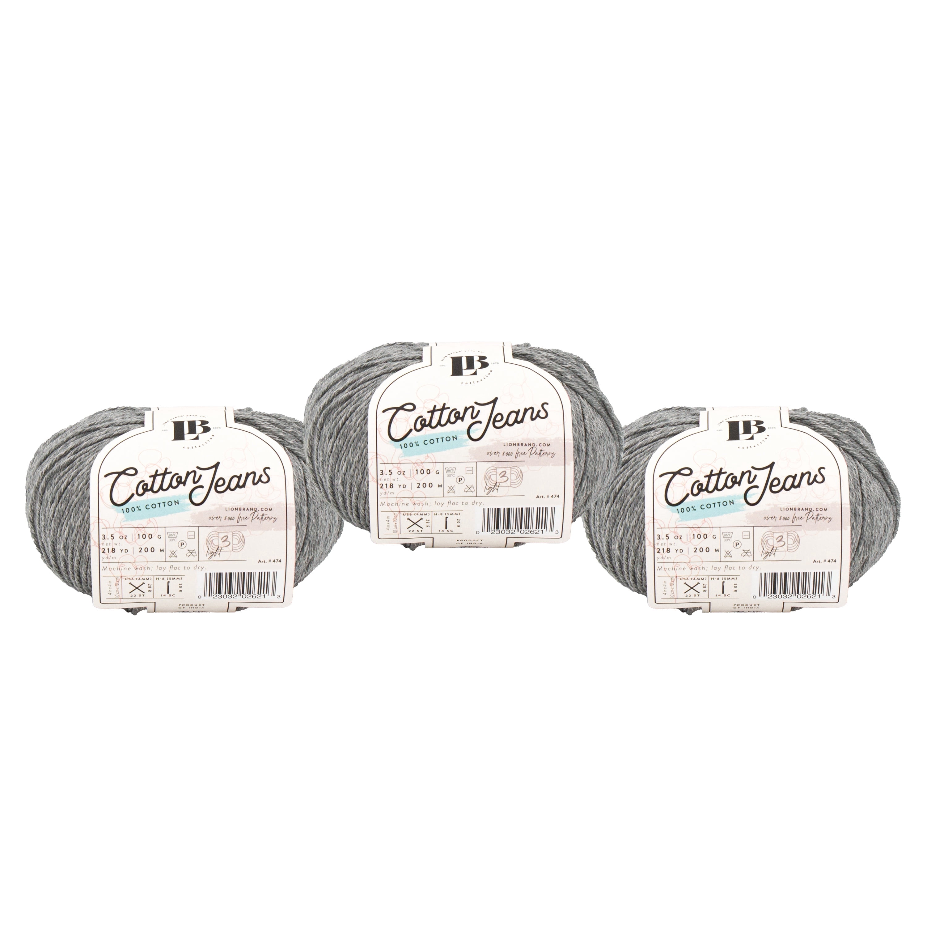 Lion Brand Yarn LBC Cotton Jeans Grey Fade Light Weight Cotton Yarn 3 Pack