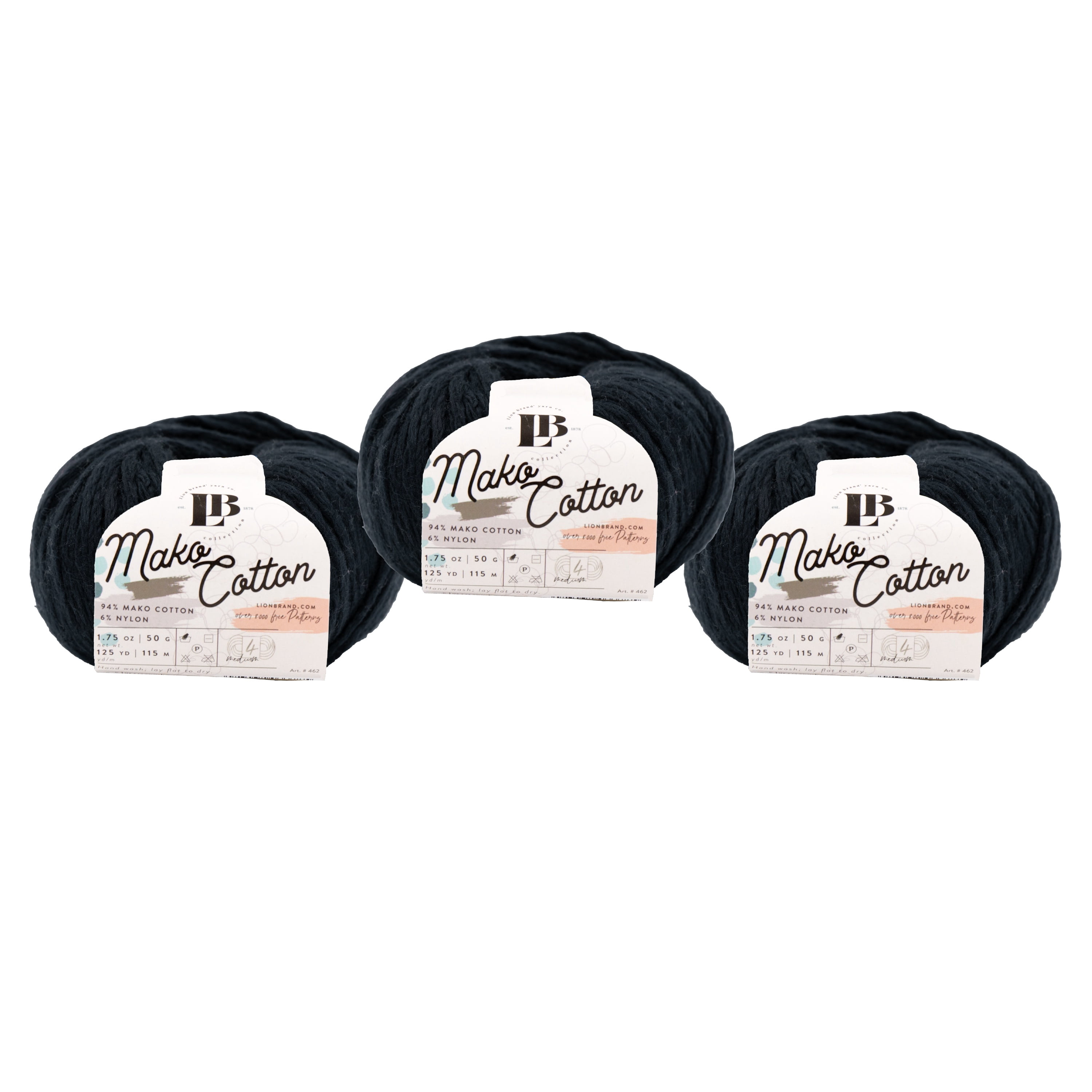 Lion Brand Yarn LBC Mako Cotton Black Medium Mako Cotton, Nylon Yarn 3 Pack