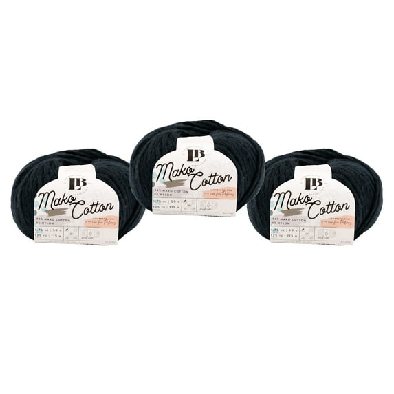 Lion Brand Yarn LBC Mako Cotton Black Medium Mako Cotton, Nylon Yarn 3 Pack