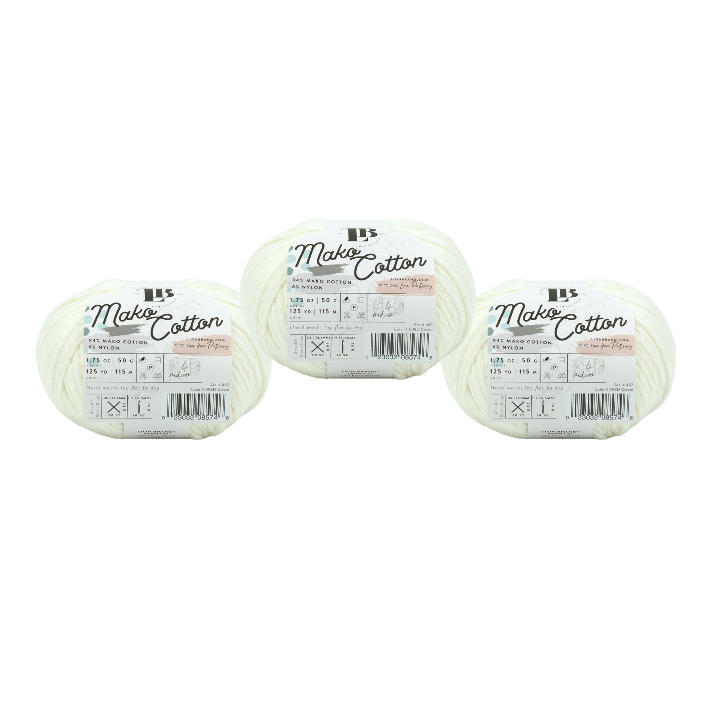 Lion Brand Yarn LBC Mako Cotton Cream Medium Mako Cotton, Nylon Yarn 3 Pack