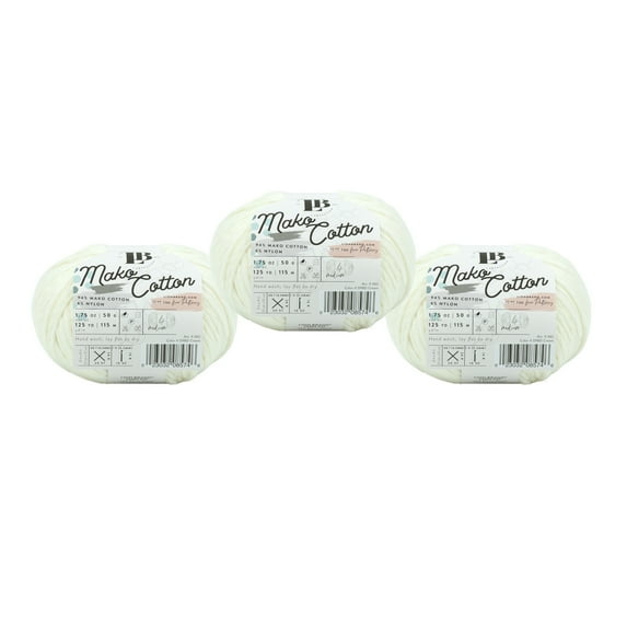 Lion Brand Yarn LBC Mako Cotton Cream Medium Mako Cotton, Nylon Yarn 3 Pack