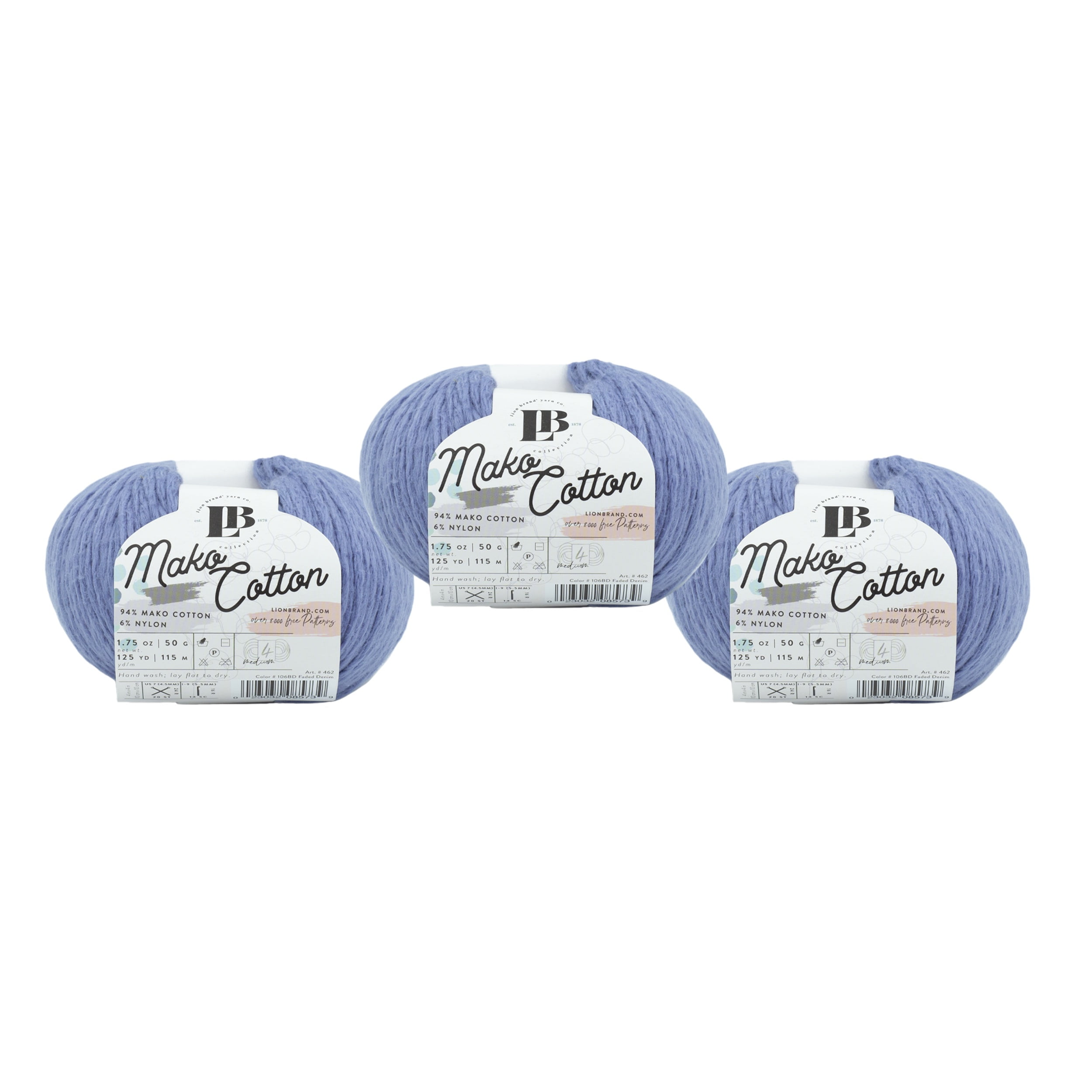 Lion Brand Yarn LBC Mako Cotton Faded Denim Medium Mako Cotton, Nylon Yarn 3 Pack
