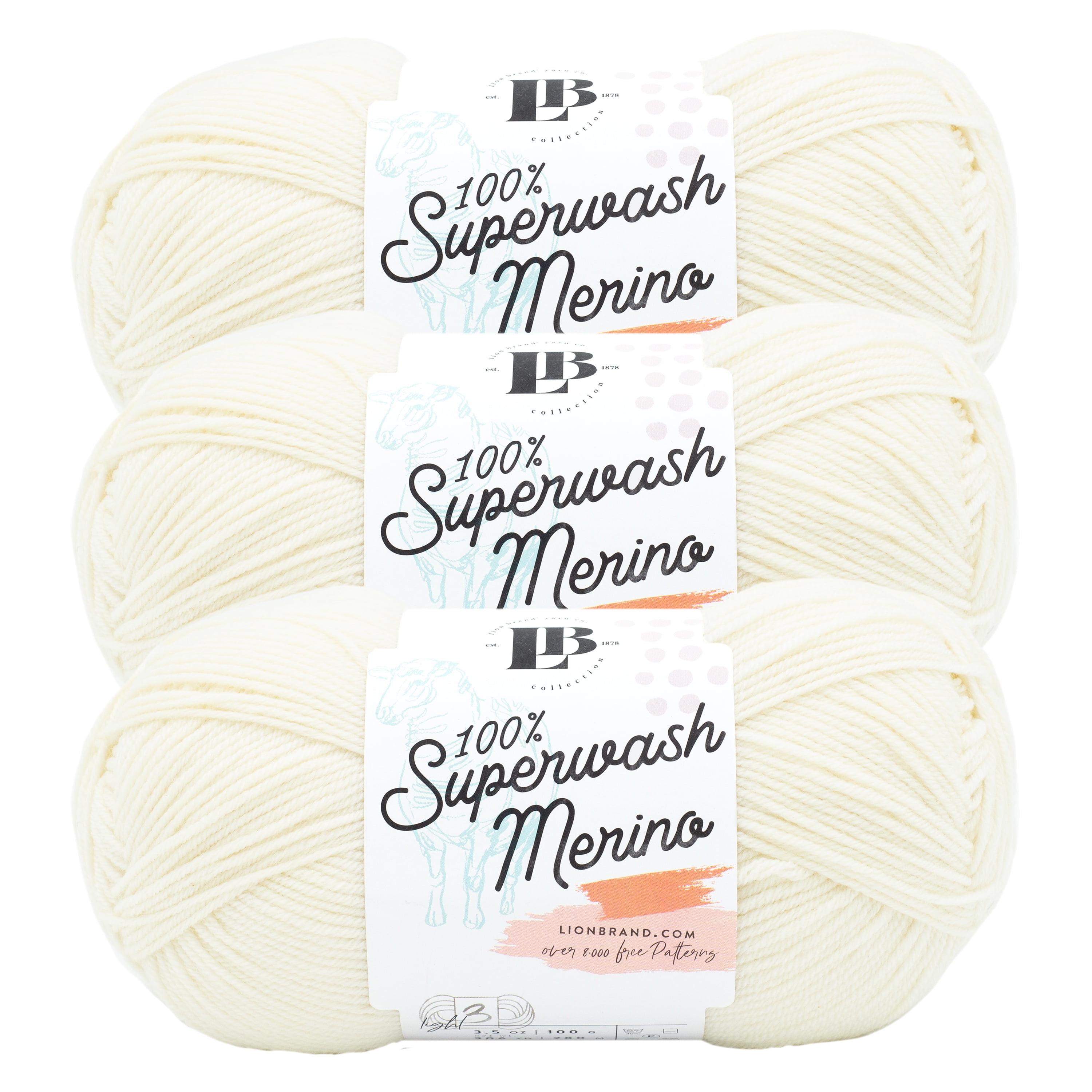 Lion Brand Yarn LBC Superwash Merino Antique Light Weight Extra Fine Wool Yarn 3 Pack