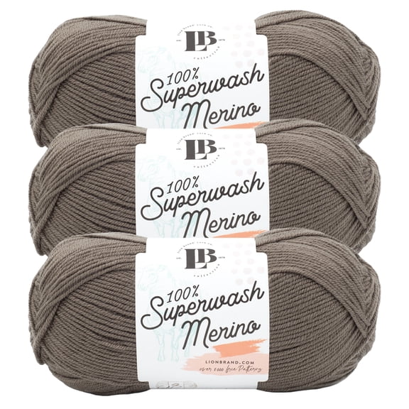 Lion Brand Yarn LBC Superwash Merino Briarsmoke Light Weight Extra Fine Wool Yarn 3 Pack