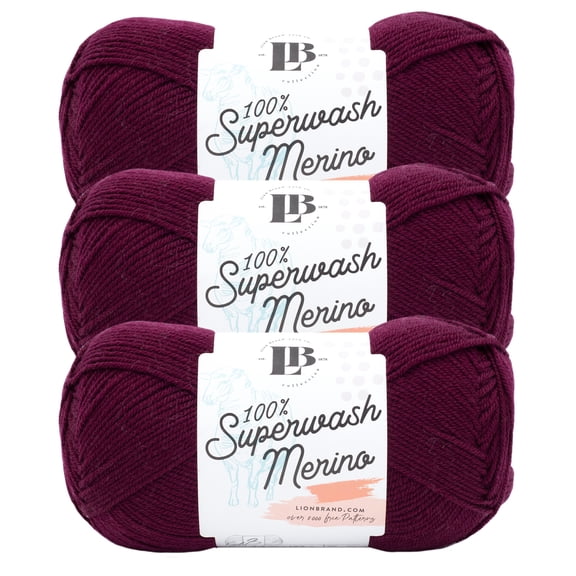 Lion Brand Yarn LBC Superwash Merino Burgundy Light Weight Extra Fine Wool Yarn 3 Pack