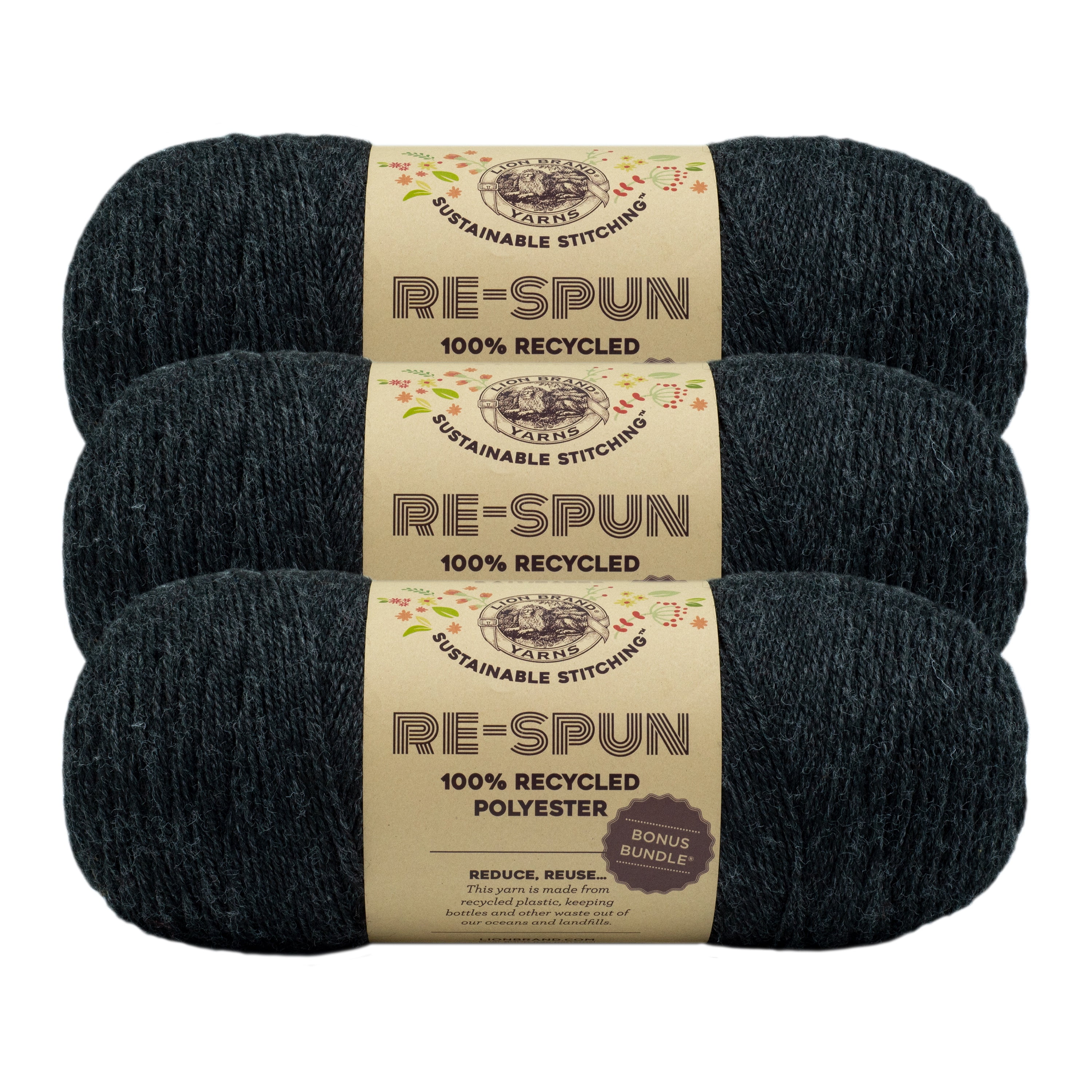 Lion Brand Yarn Re-Spun Bonus Bundle Raven Medium Recycled Polyester Yarn 3 Pack