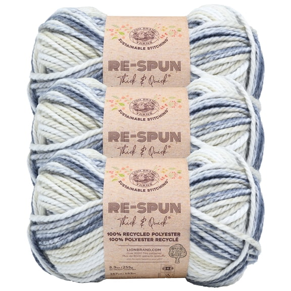 Lion Brand Yarn Re-Spun Thick & Quick Earl Grey Super Bulky Yarn Recycled Polyester Yarn 3 Pack