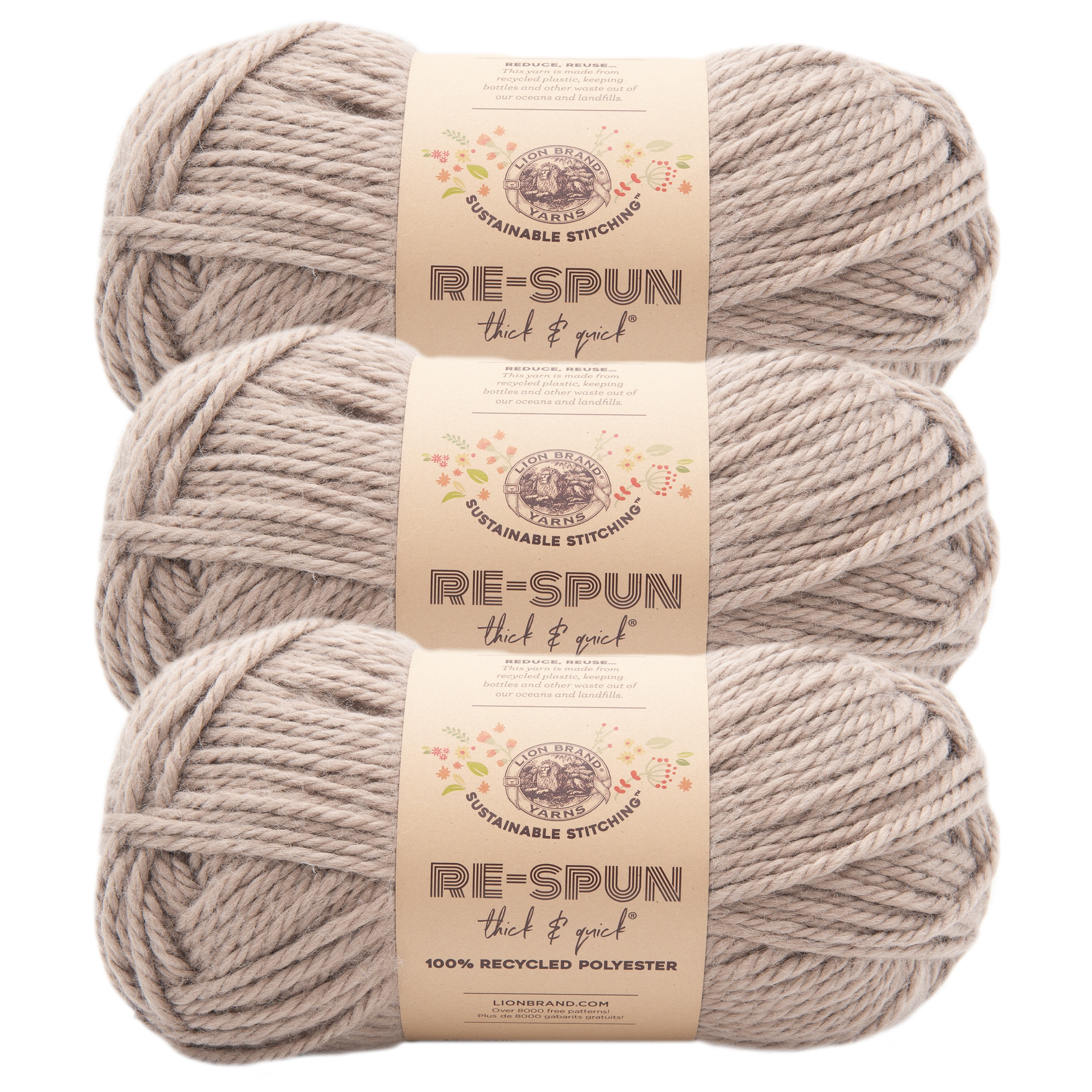 Lion Brand Yarn Re-Spun Thick & Quick Hazelwood Super Bulky Yarn Recycled Polyester Yarn 3 Pack