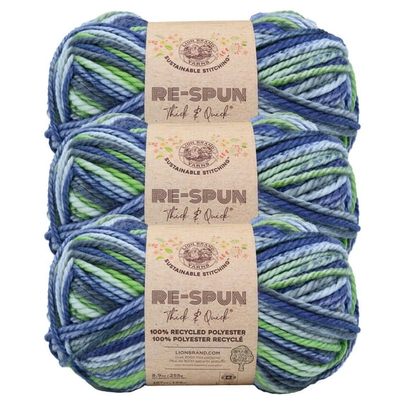 Lion Brand Yarn Re-Spun Thick & Quick Riverside Super Bulky Yarn Recycled Polyester Yarn 3 Pack