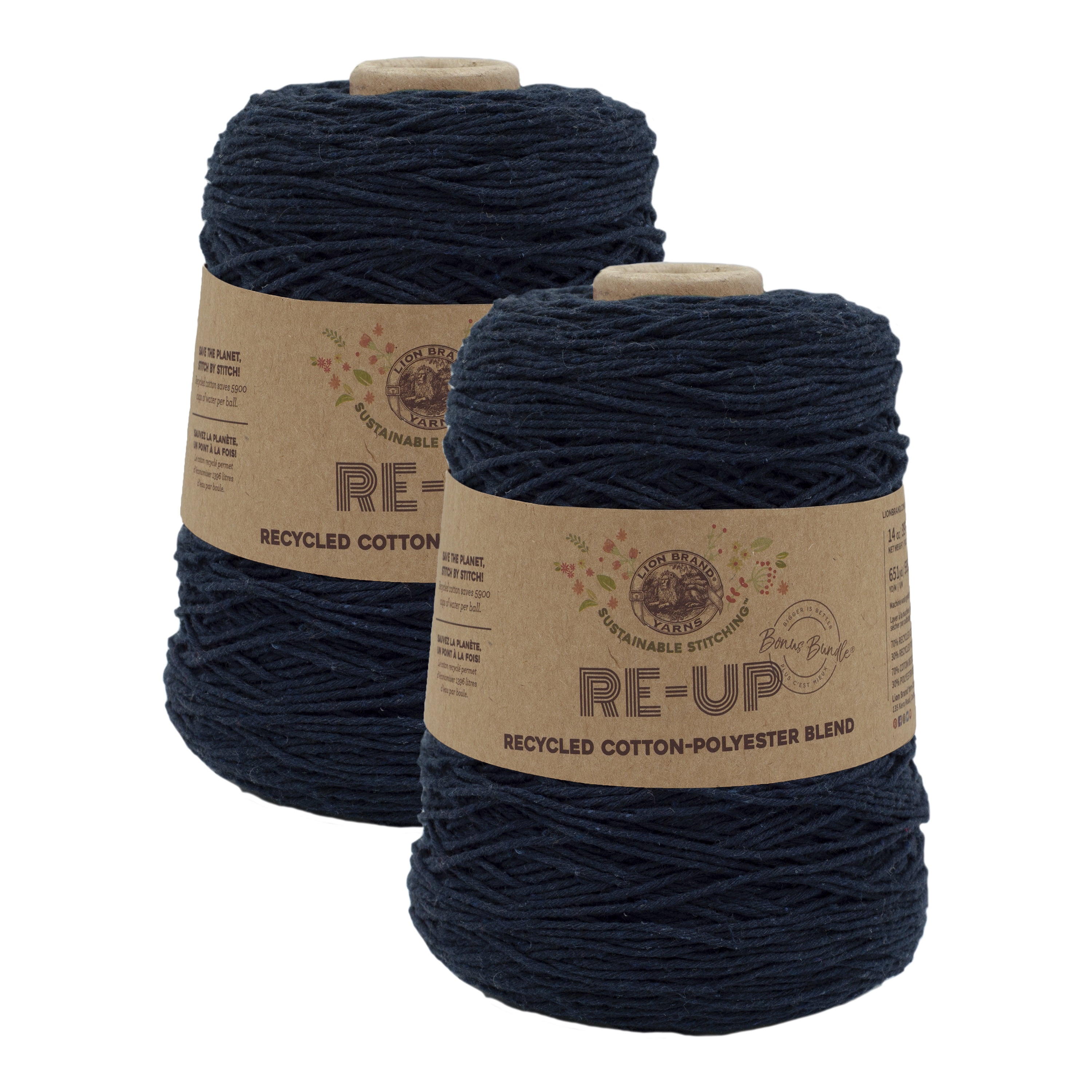Lion Brand Yarn Re-Up Bonus Bundle Midnight Medium Recycled Cotton, Recycled Polyester Yarn 2 Pack