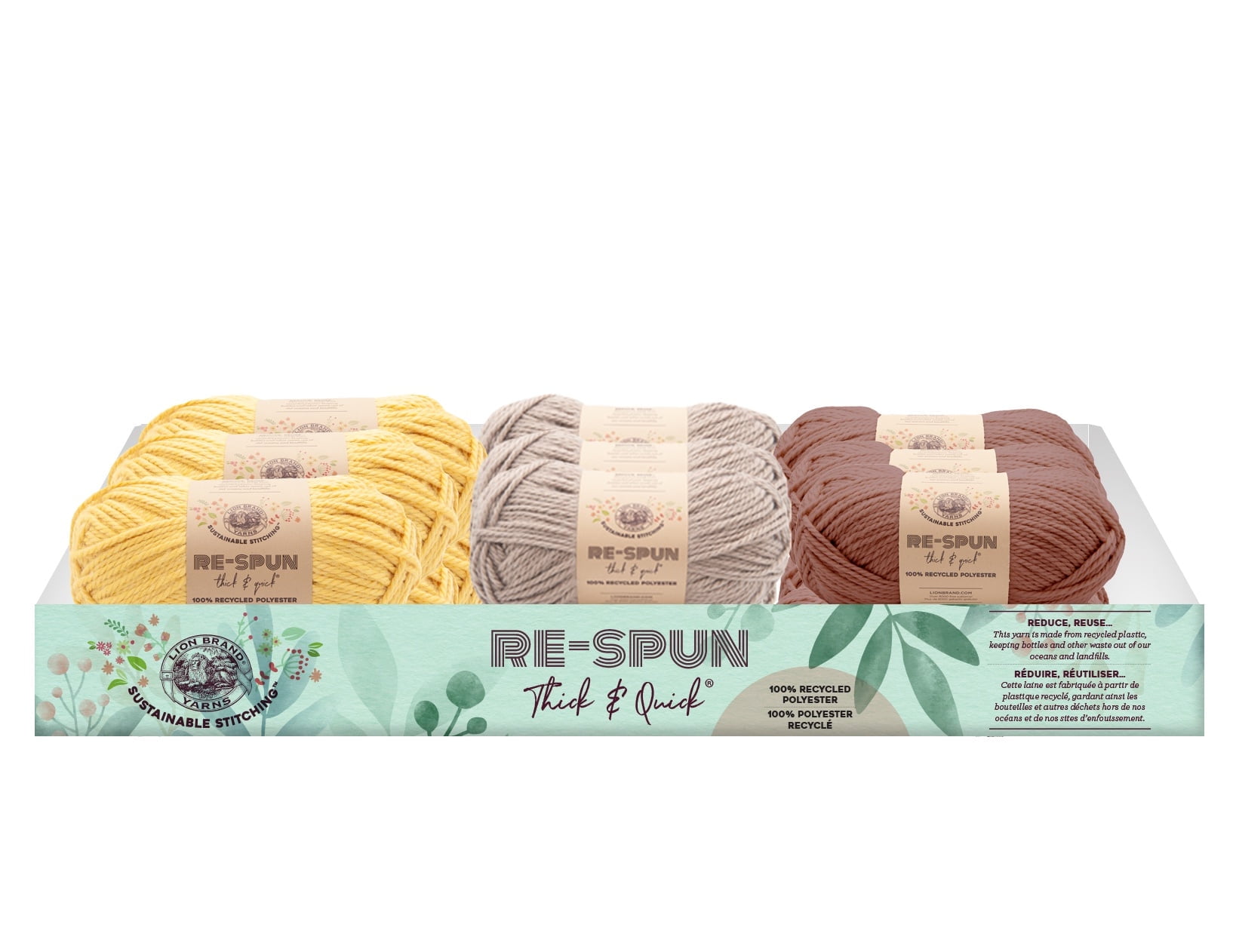 Lion Brand Yarn ReSpun Thick & Quick Sunshine (6 skeins), Hazelwood (6 skeins), Cameo (6 pieces) 18-Piece Assorted Displayer