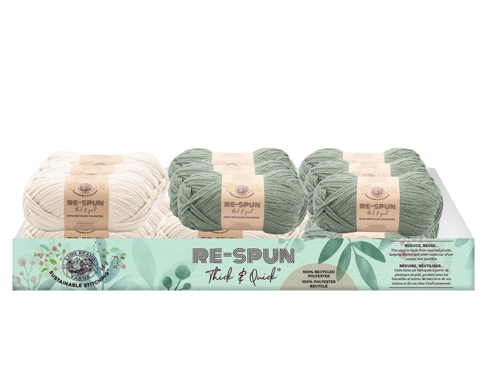 Lion Brand Yarn ReSpun Thick & Quick Whipped Cream (9 skeins), Spruce (9 skeins) 18-Piece Assorted Displayer