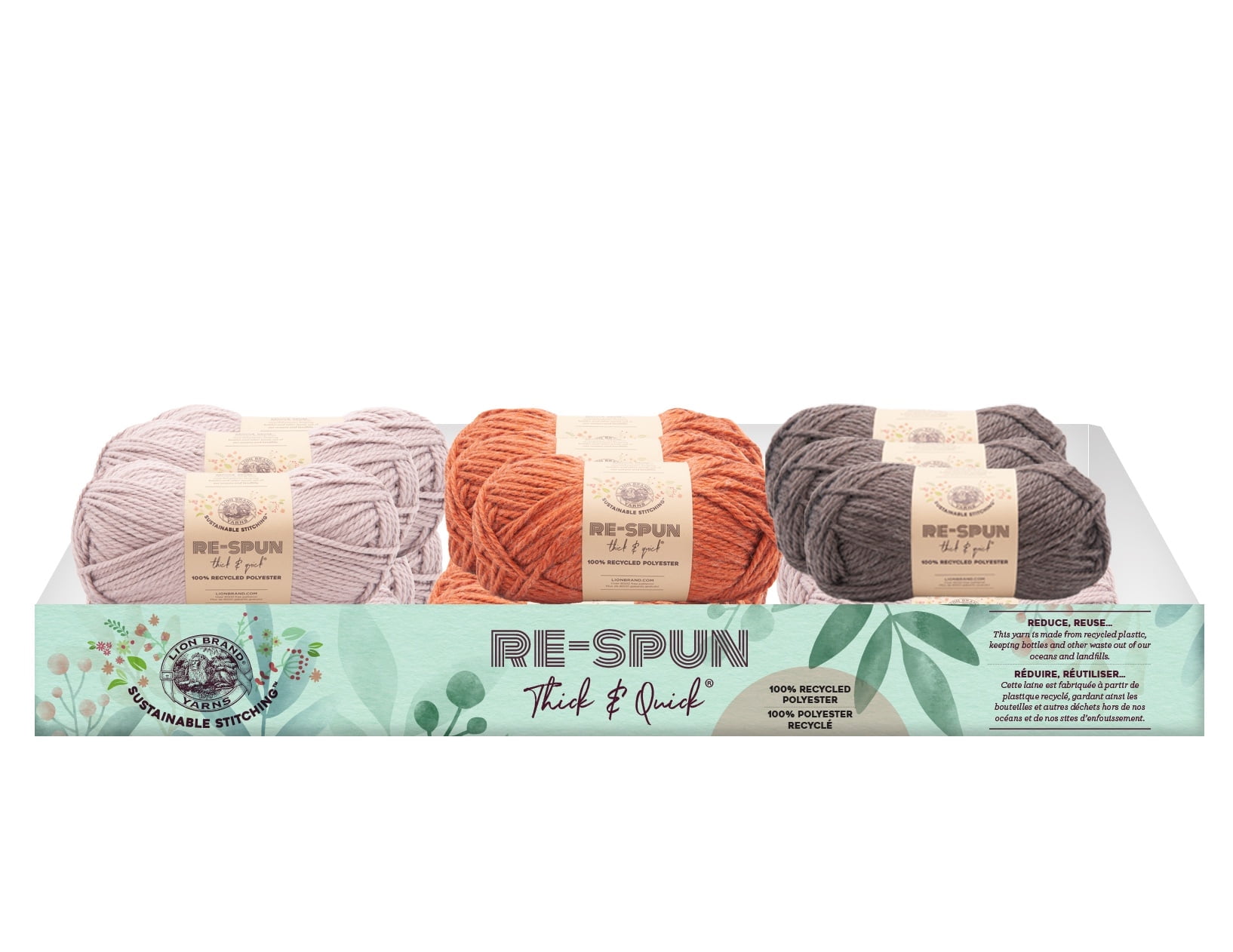 Lion Brand Yarn ReSpun Thick & Quick Wisteria (9 skeins), Espresso (3 skeins), Cinnamon Stick (6 skeins) 18-Piece Assorted Displayer