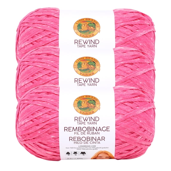 Lion Brand Yarn Rewind Think Pink Tape Bulky Polyester, Viscose Pink Yarn 3 Pack