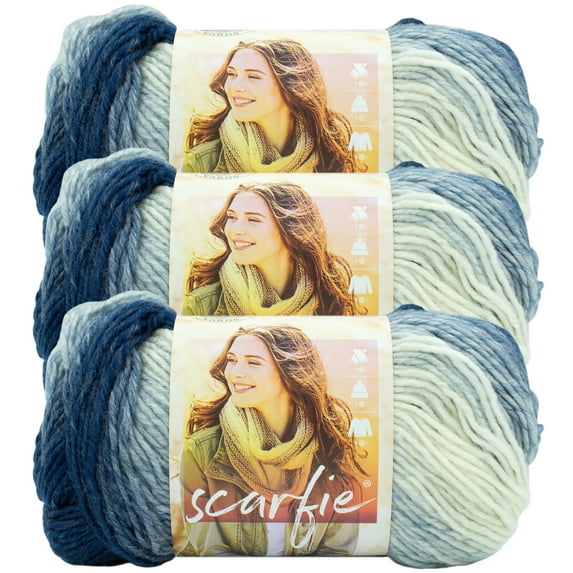 Lion Brand Yarn Scarfie Blue/Cream Bulky Acrylic, Wool Multi-color Yarn 3 Pack