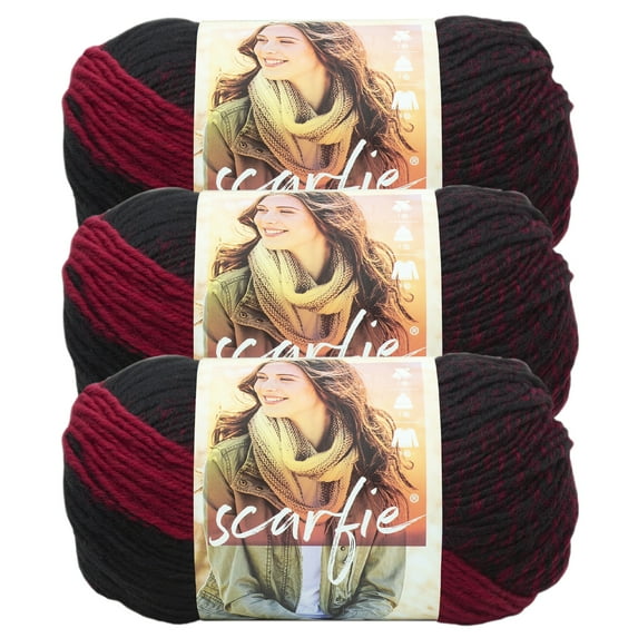 Lion Brand Yarn Scarfie Cranberry/Black Bulky Yarn Acrylic, Wool Yarn 3 Pack
