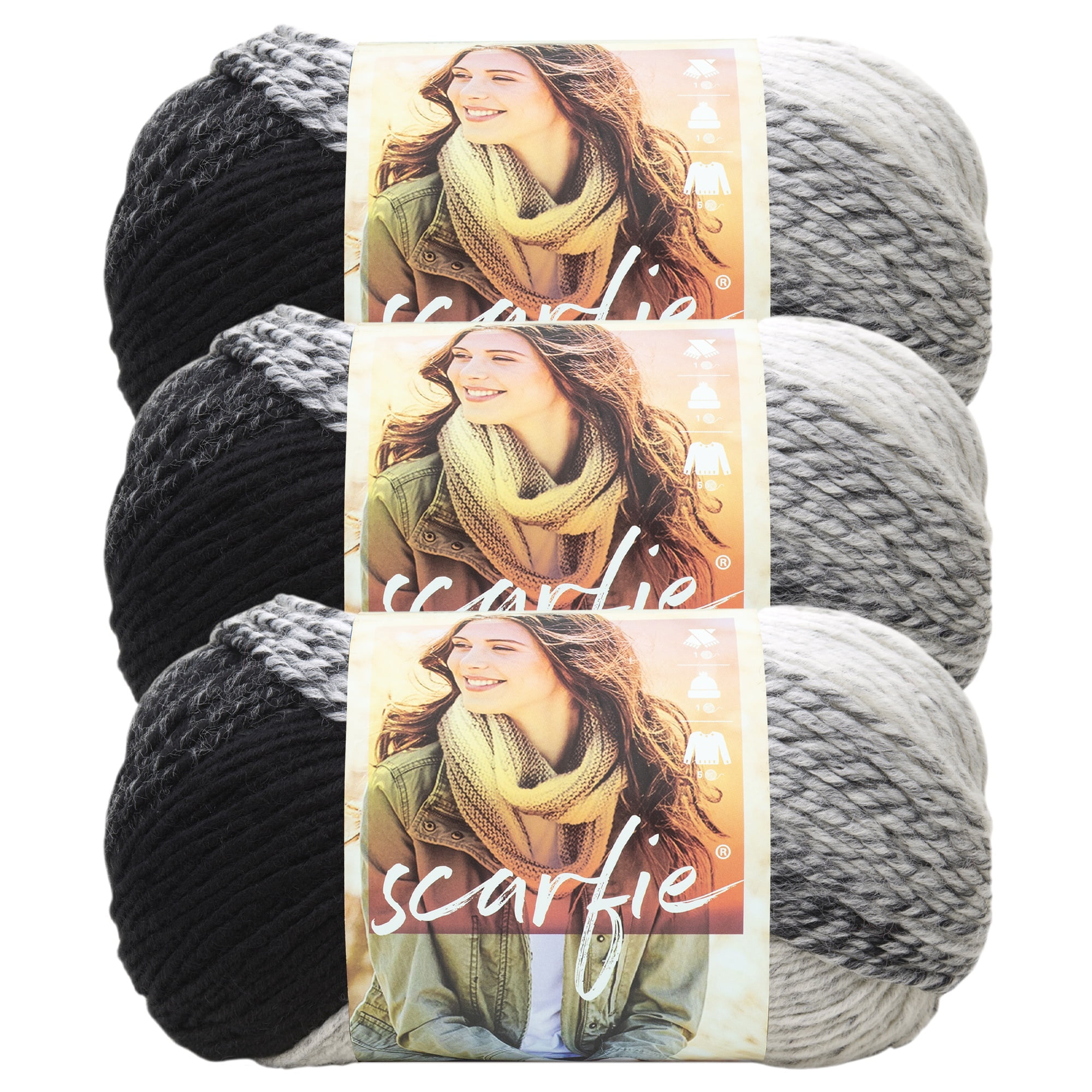 Lion Brand Yarn Scarfie Cream/Black Bulky Yarn Acrylic, Wool Yarn 3 Pack