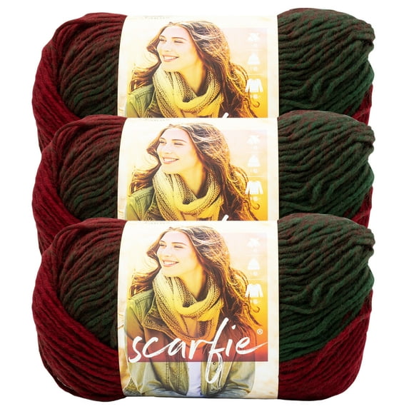 Lion Brand Yarn Scarfie Deep Red/Dark Green Bulky Acrylic, Wool Multi-color Yarn 3 Pack